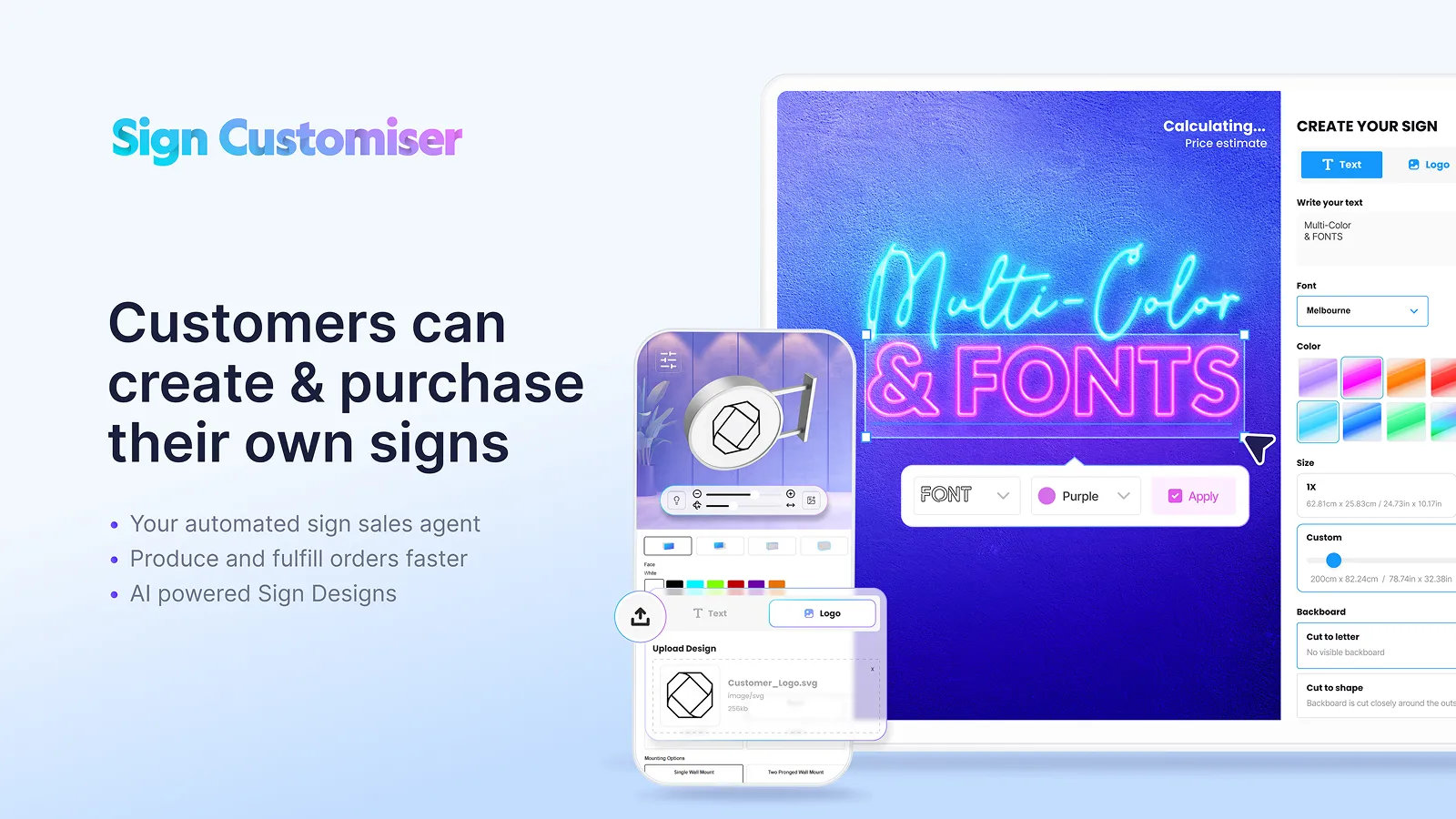 The Sign Customiser designer on a laptop and a phone, with a neon sign preview and its font, colour and size options.
